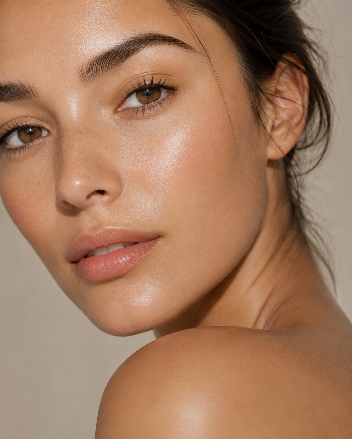 Close-up of a woman with radiant, hydrated skin
