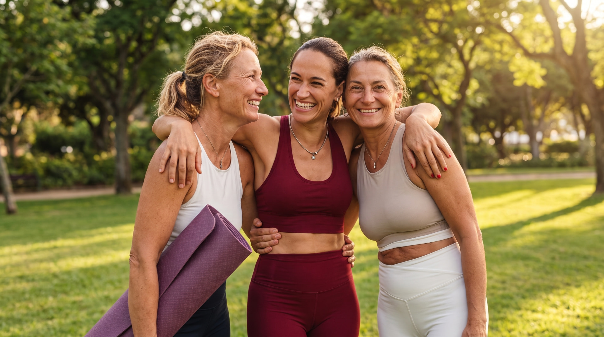 Three friends laughing together after an outdoor workout in the park